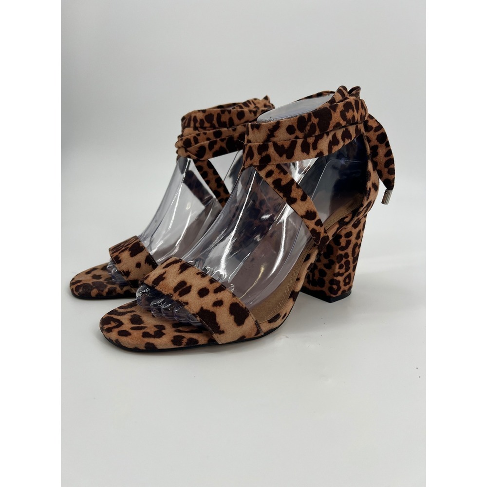 ASOS Leopard Print Ankle Tie Block Heel Sandals Faux Suede Size 4.5 US7